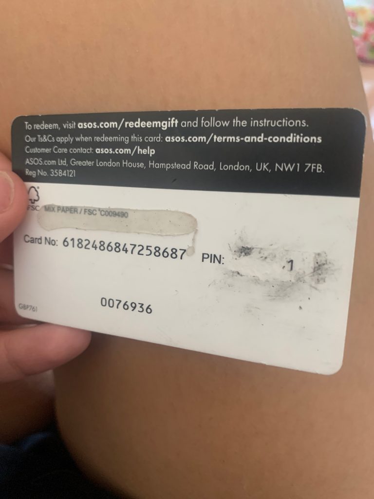 ASOS Gift Card PIN Scratched Off