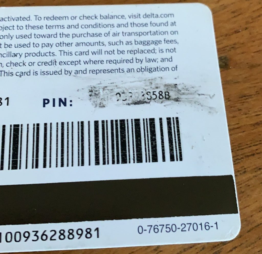 Delta Gift Card Pin Scratched Off