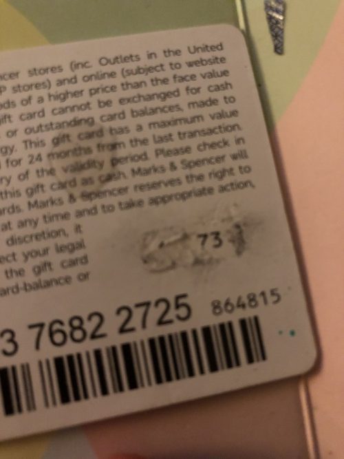 M&S gift card pin scratched off