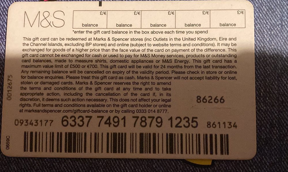 M&S gift card pin scratched off