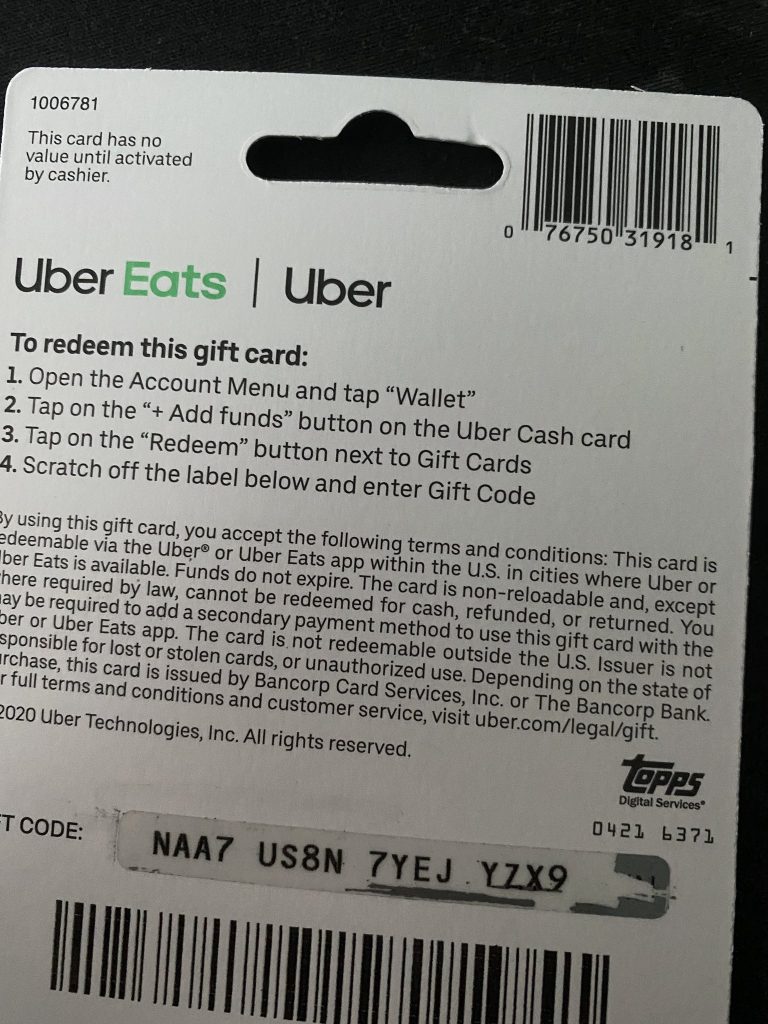 Uber Gift Card Scratched Off